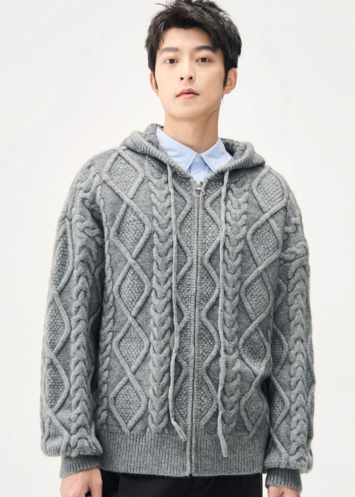 Cable Knit Hooded Zip Jacket with Pockets