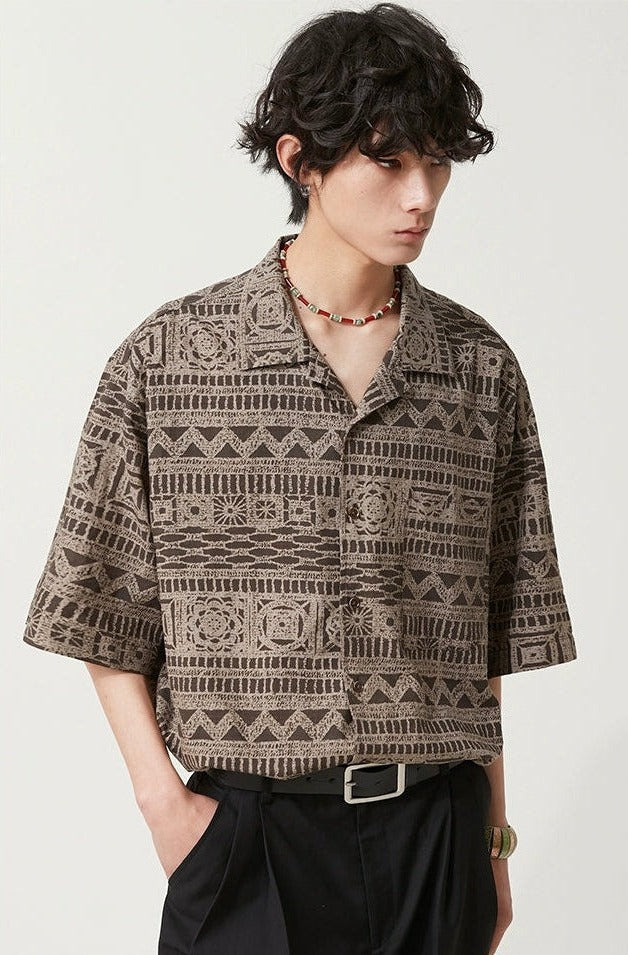 Bohemian Patterned Button-Up Short Sleeve Shirt