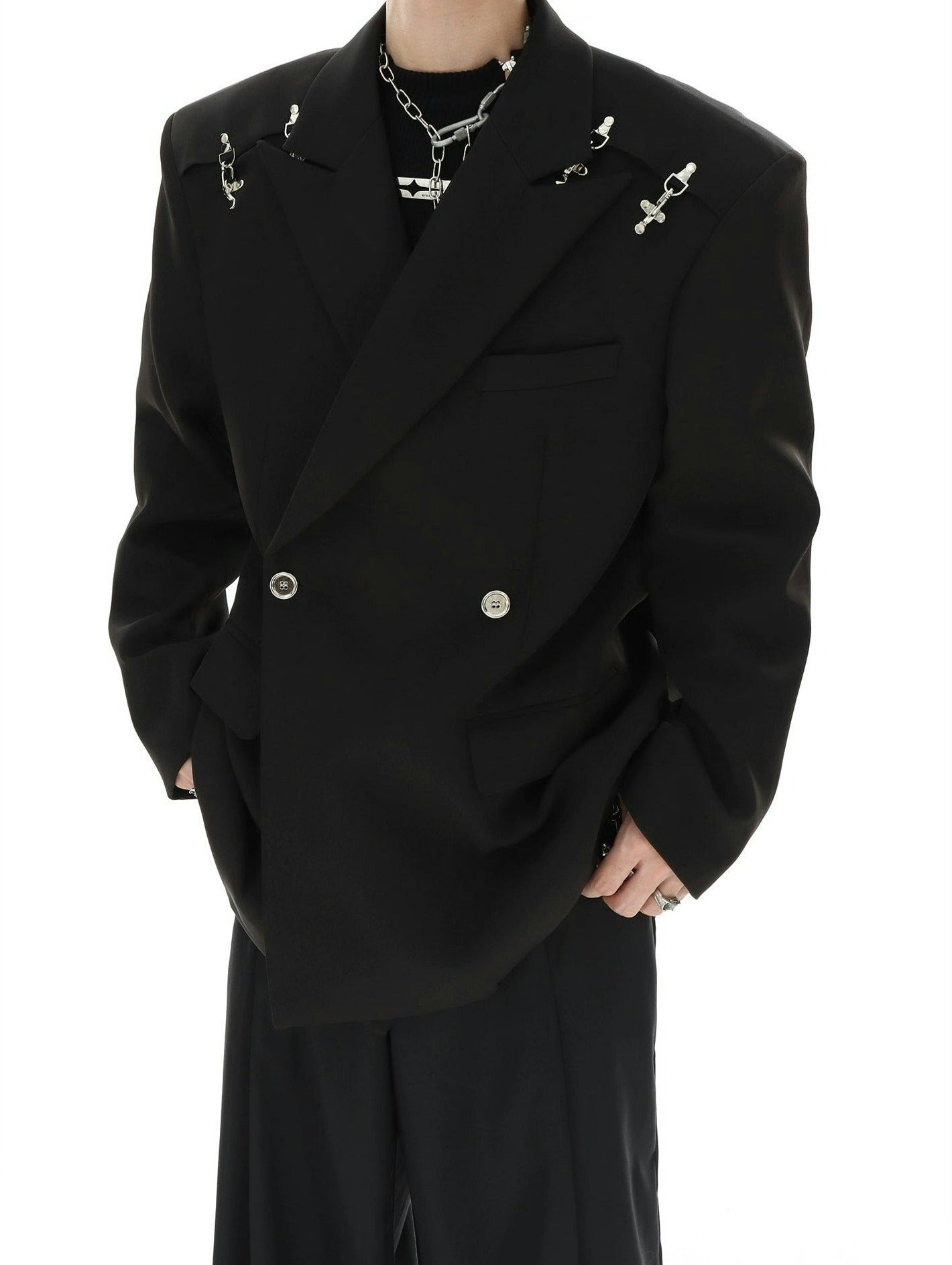 Oversized Double-Breasted Blazer with Peak Lapels and SIlver Accents