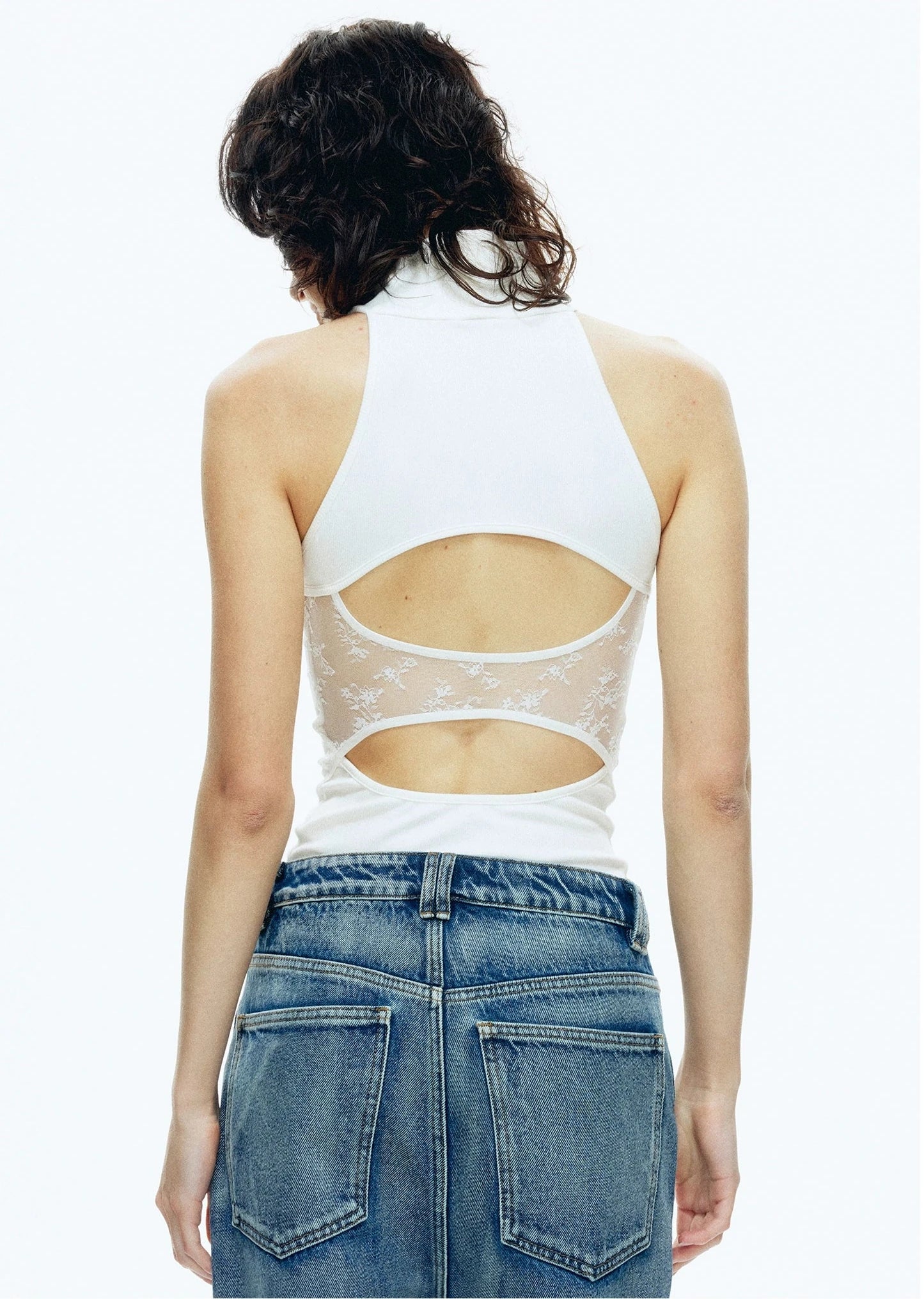 Lace-Back Ribbed Turtleneck Sleeveless Tank Top