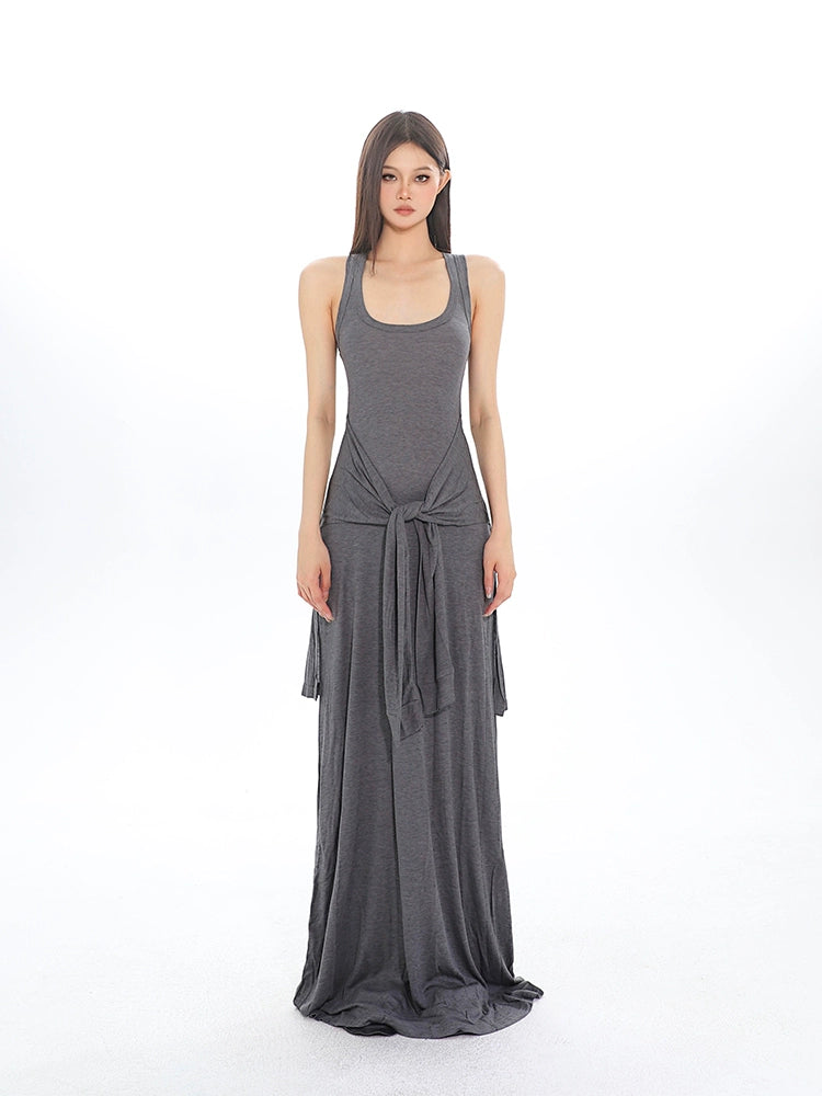 Sleeveless Jersey Maxi Dress with Tie Knot Detail