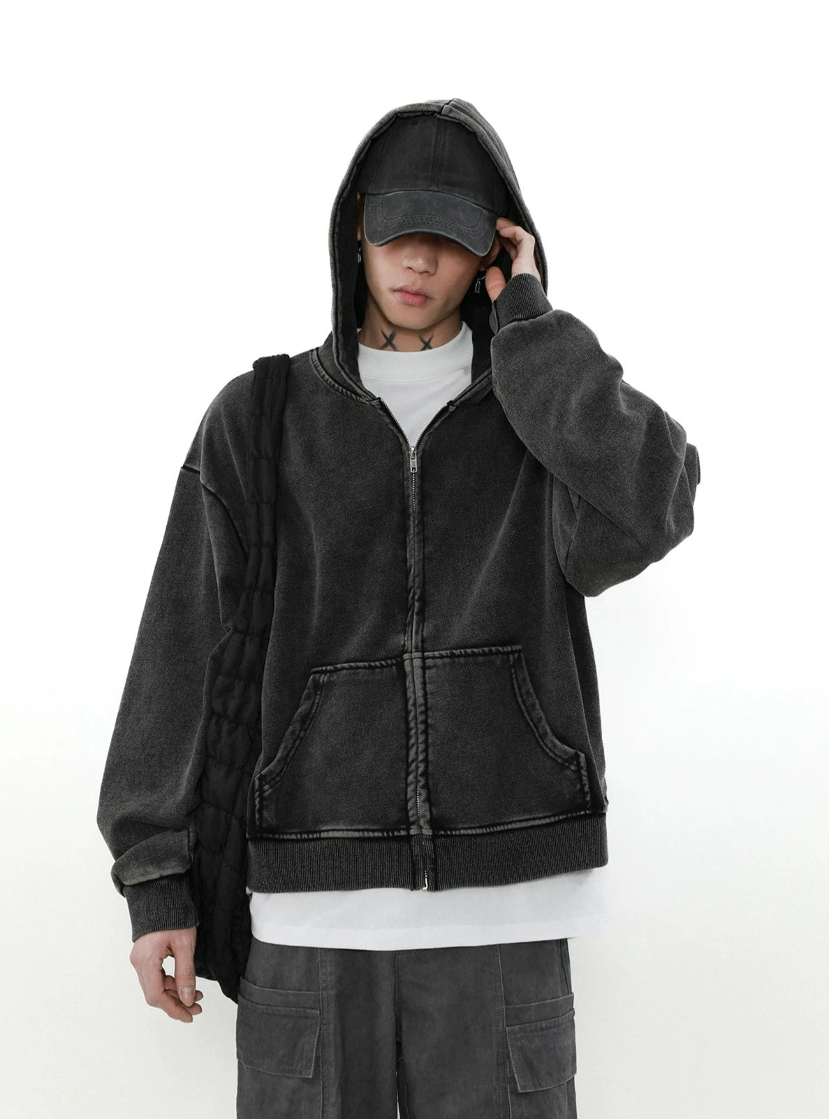 Oversized Faded Mid-Crop Boxy Zip-Up Hoodie