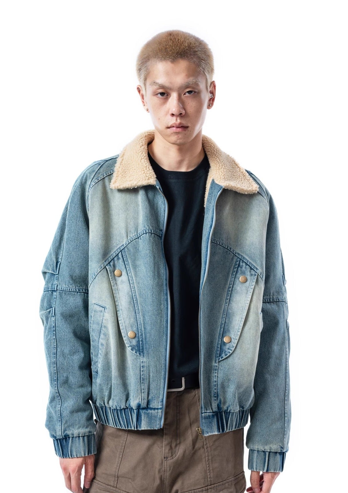 Shearling Lined Faded Denim Jacket with Stud Details