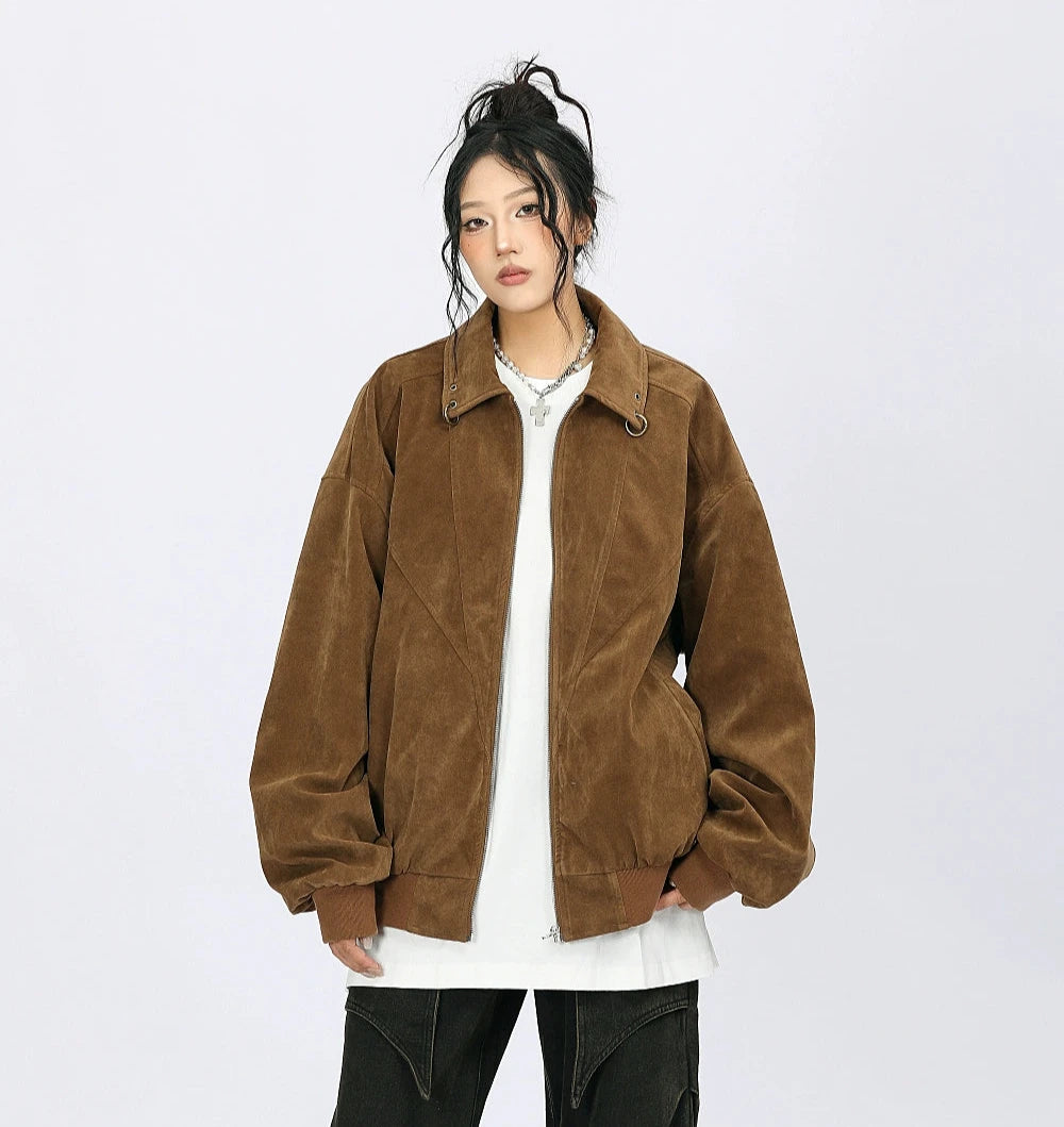 Oversized Suede Bomber Jacket with Ring Details