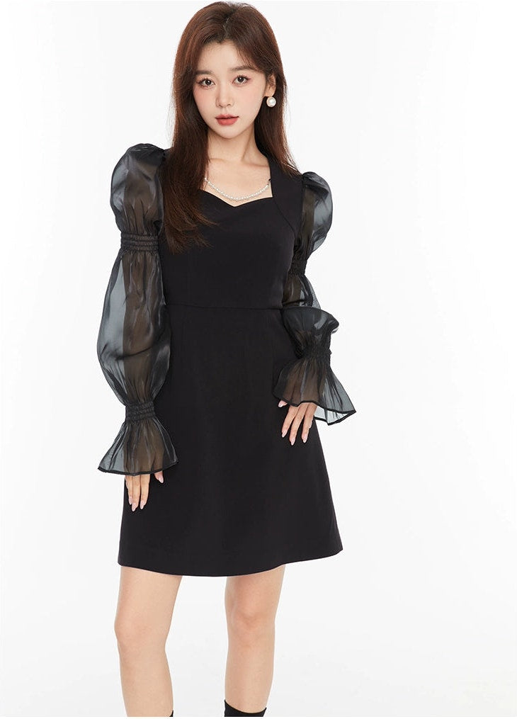 Puff Sleeve Sheer Panel Mini Dress