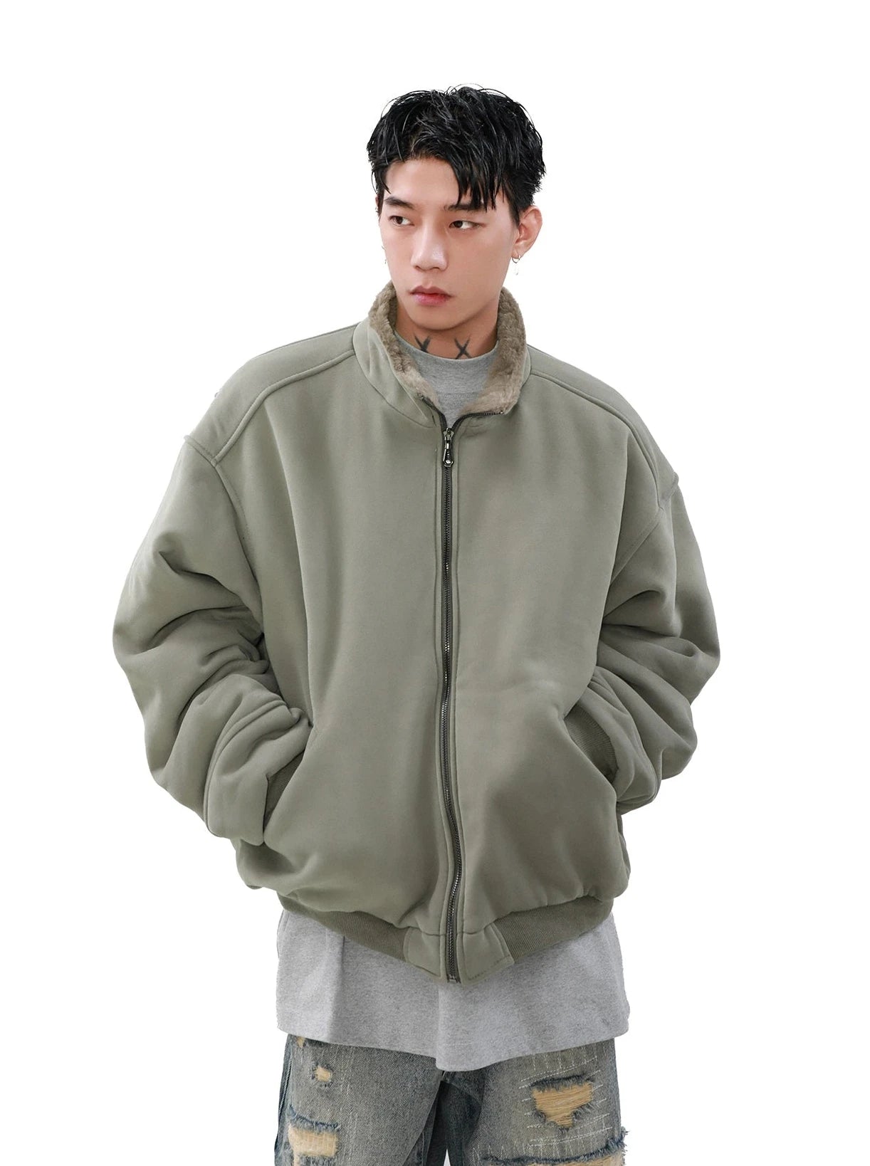 Oversized Fleece Lined Bomber Jacket with Pockets