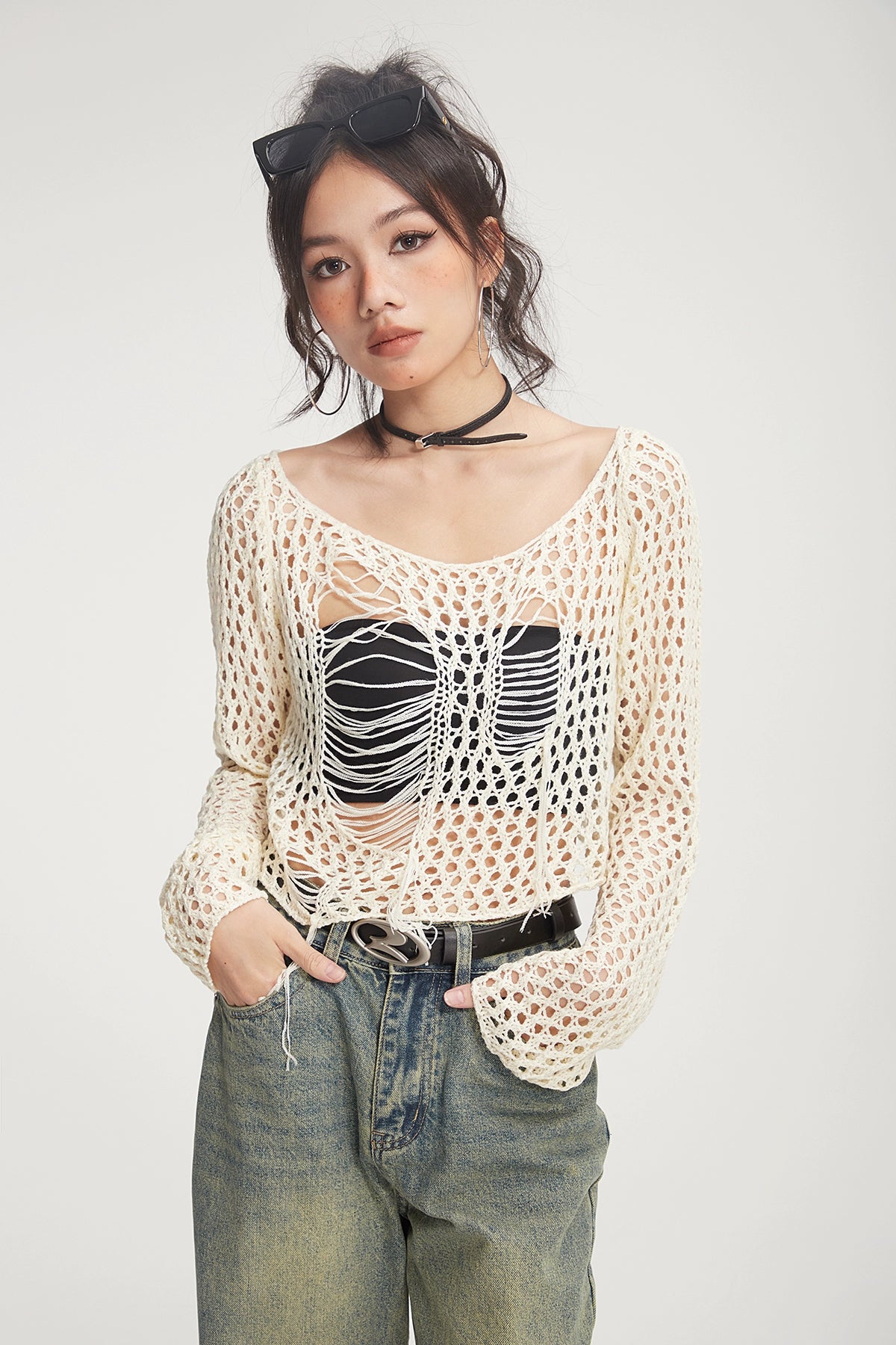 Crochet Knit Skeleton-Effect Long Sleeve Top