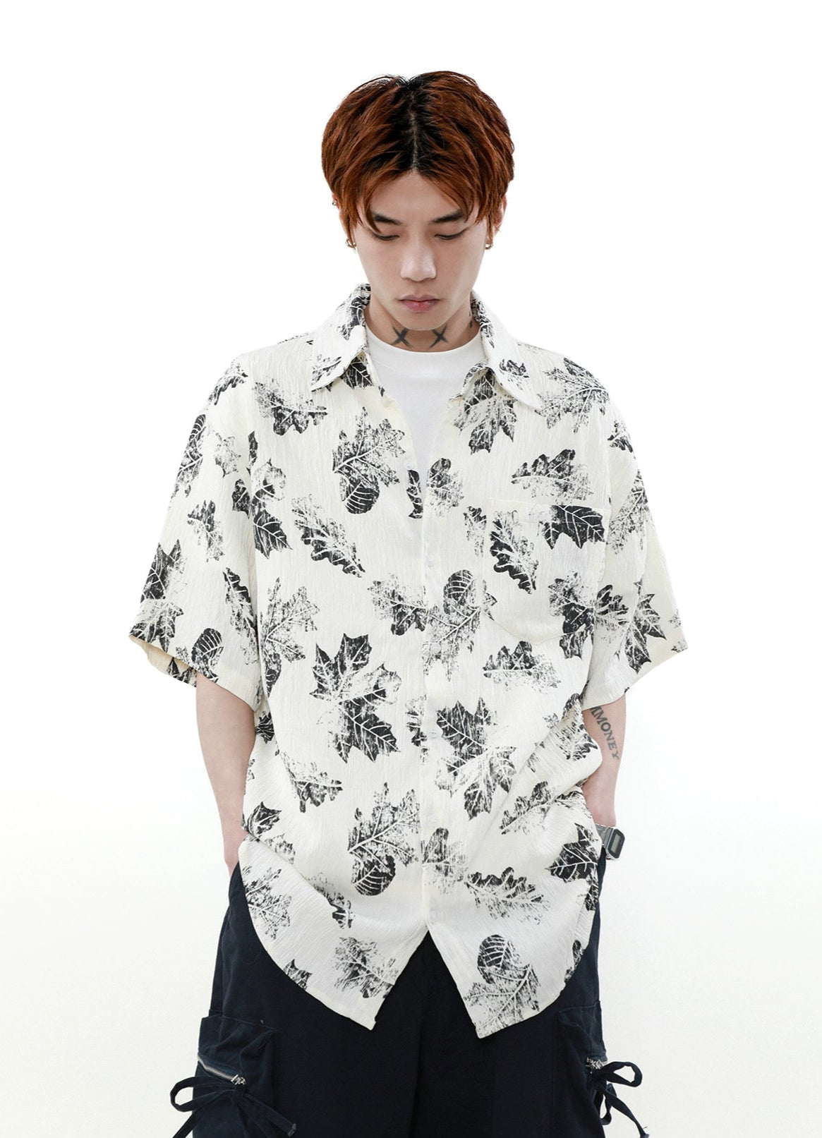 Leaf Print Textured Short Sleeve Button Shirt