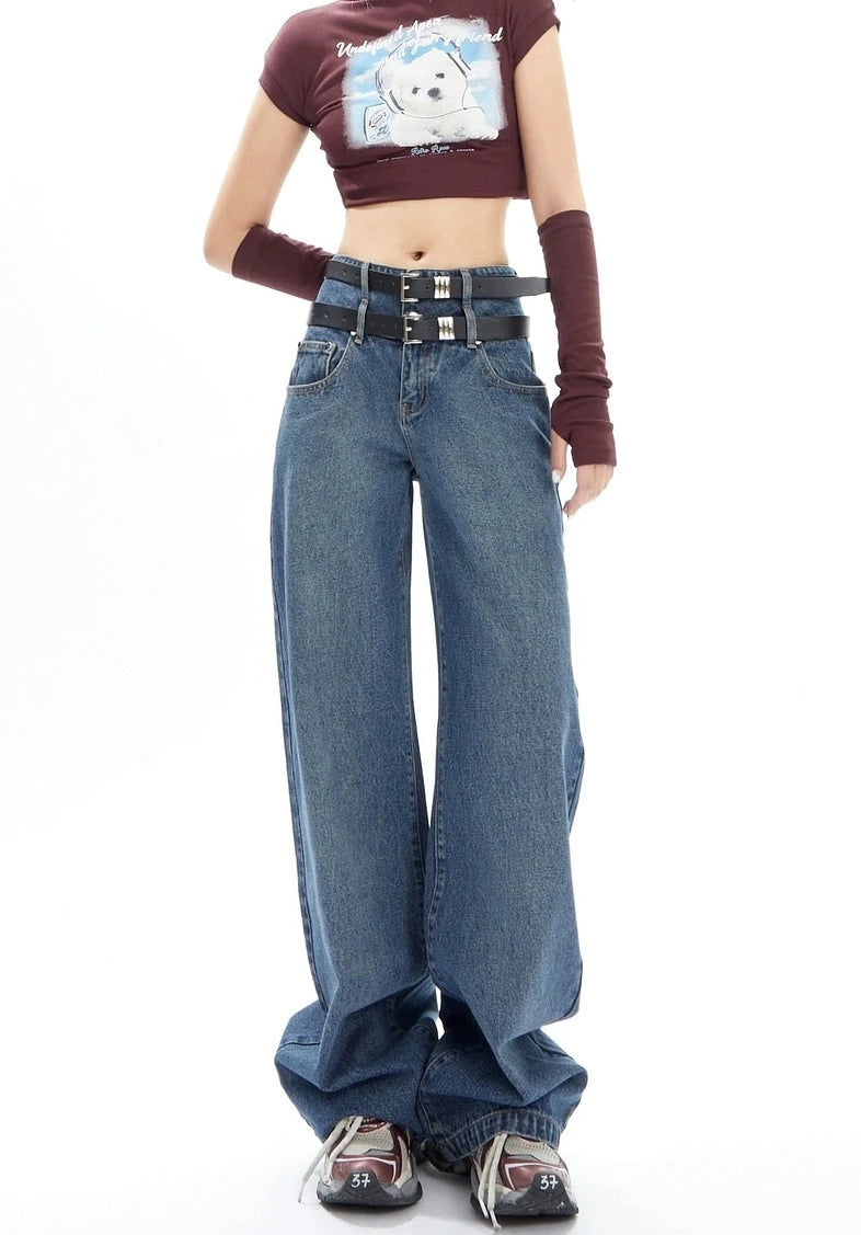 Double-Belted Wide-Leg Faded Denim Jeans