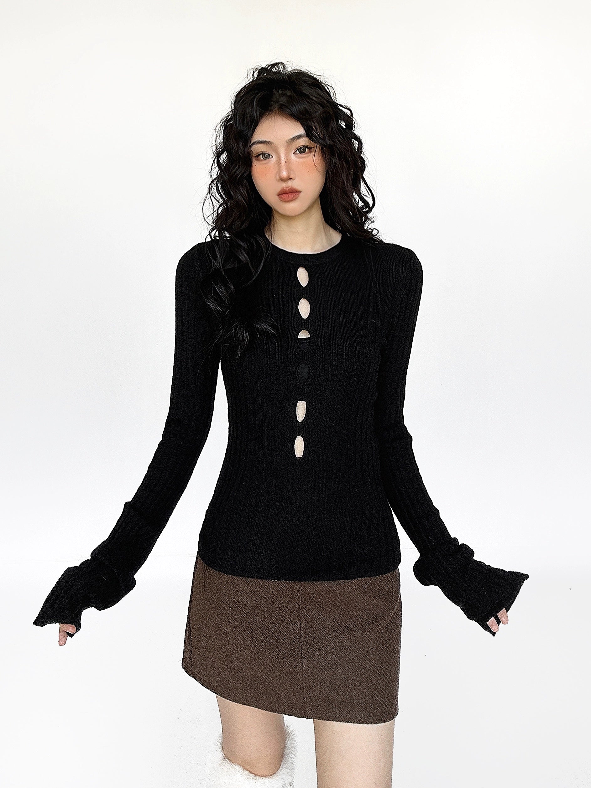 Flare Long Sleeve Ribbed Knit Top with Cutouts