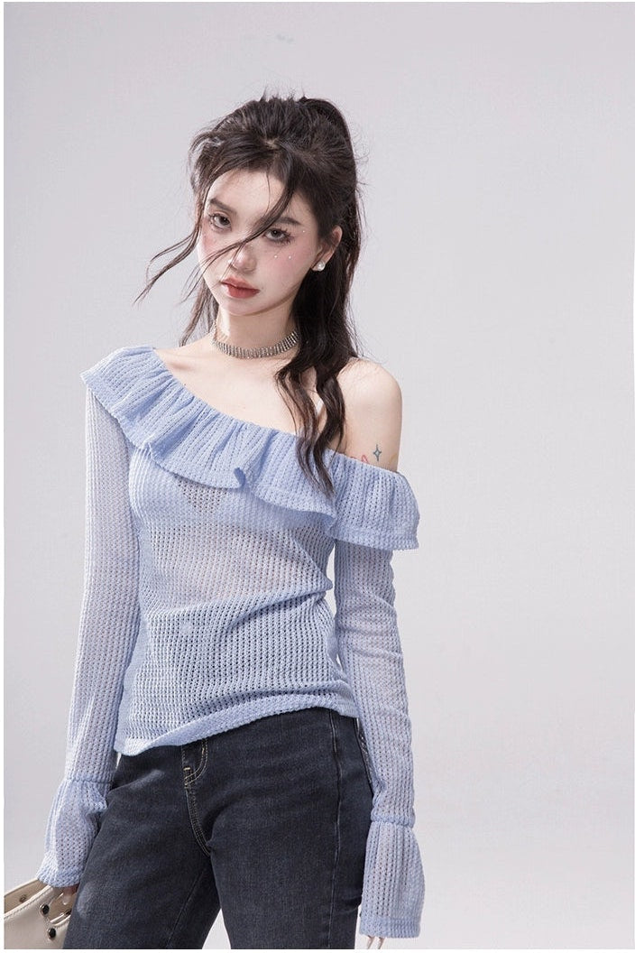 Ribbed Off-Shoulder Ruffle Trim Top