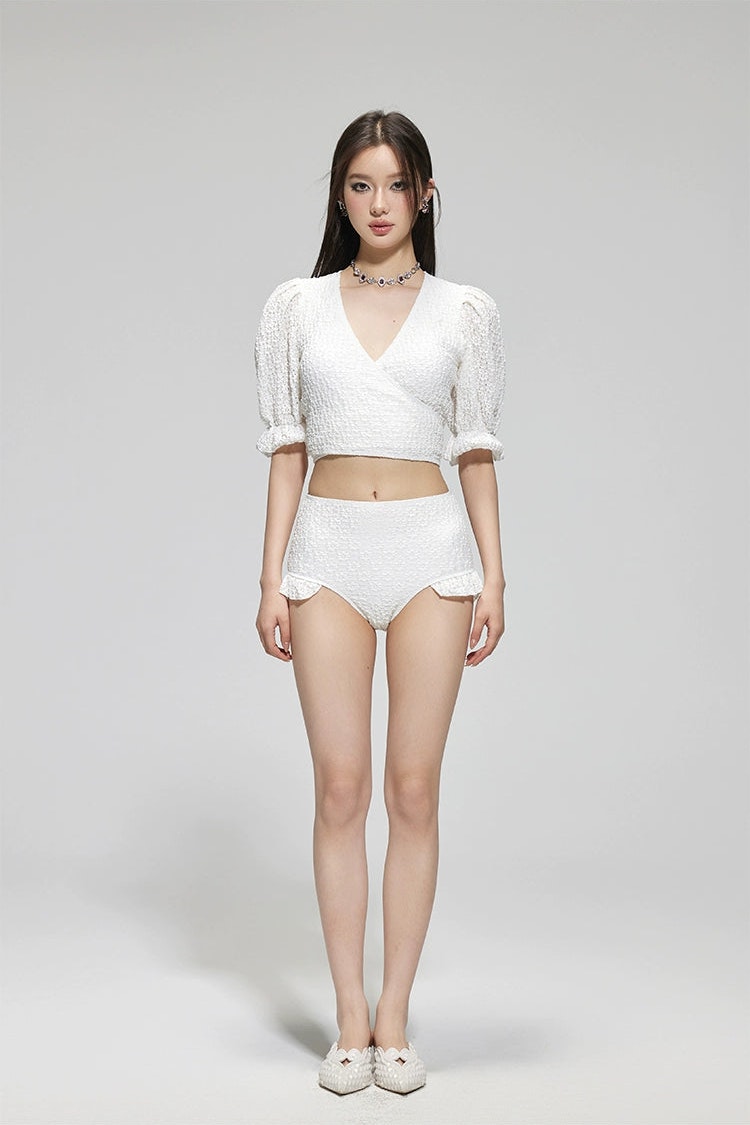 Textured Puff Sleeve Crop Top Bikini With Skirted Bottoms