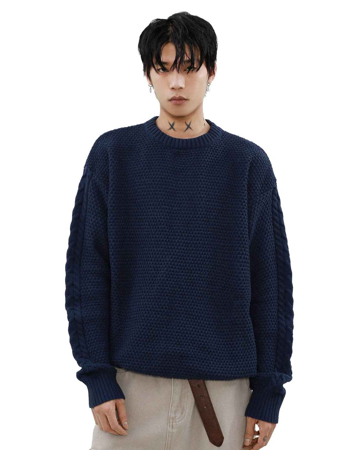 Cable Knit Sleeve Ribbed Trim Drop Shoulder Sweater