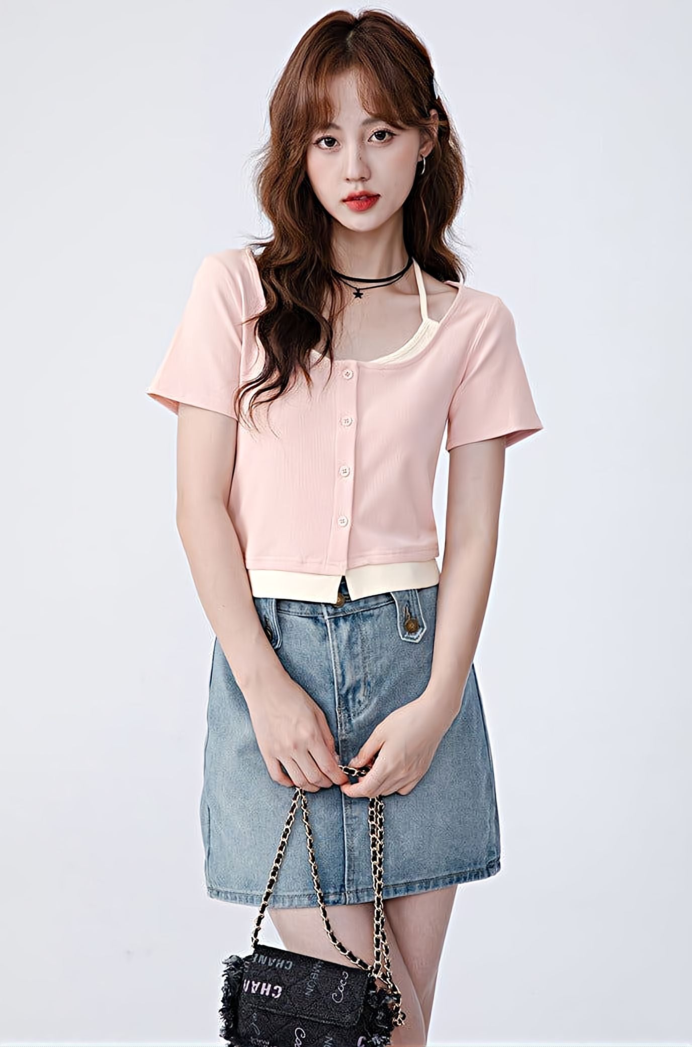 Mock Two-Piece Short Sleeve Top