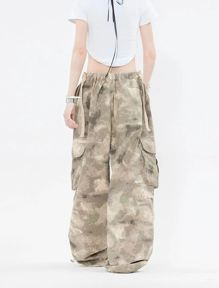 Faded Camo Baggy Cargo Pants with Drawstring