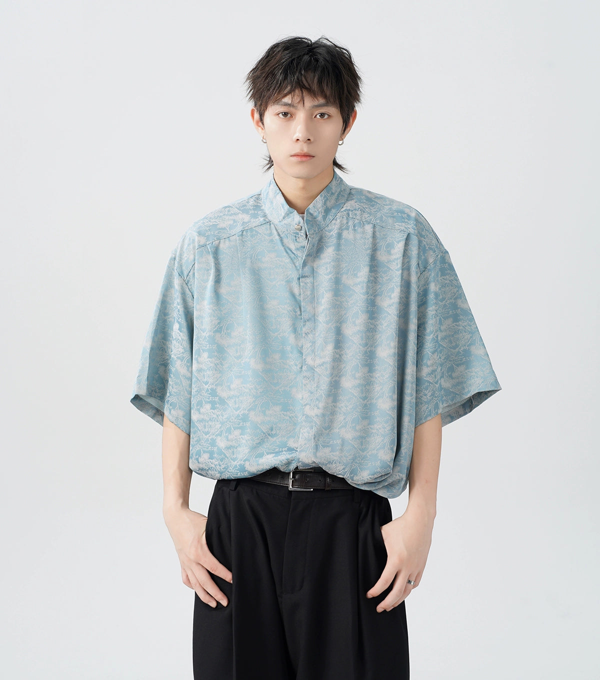 Oversized Tree Print Satin Button-Up Shirt