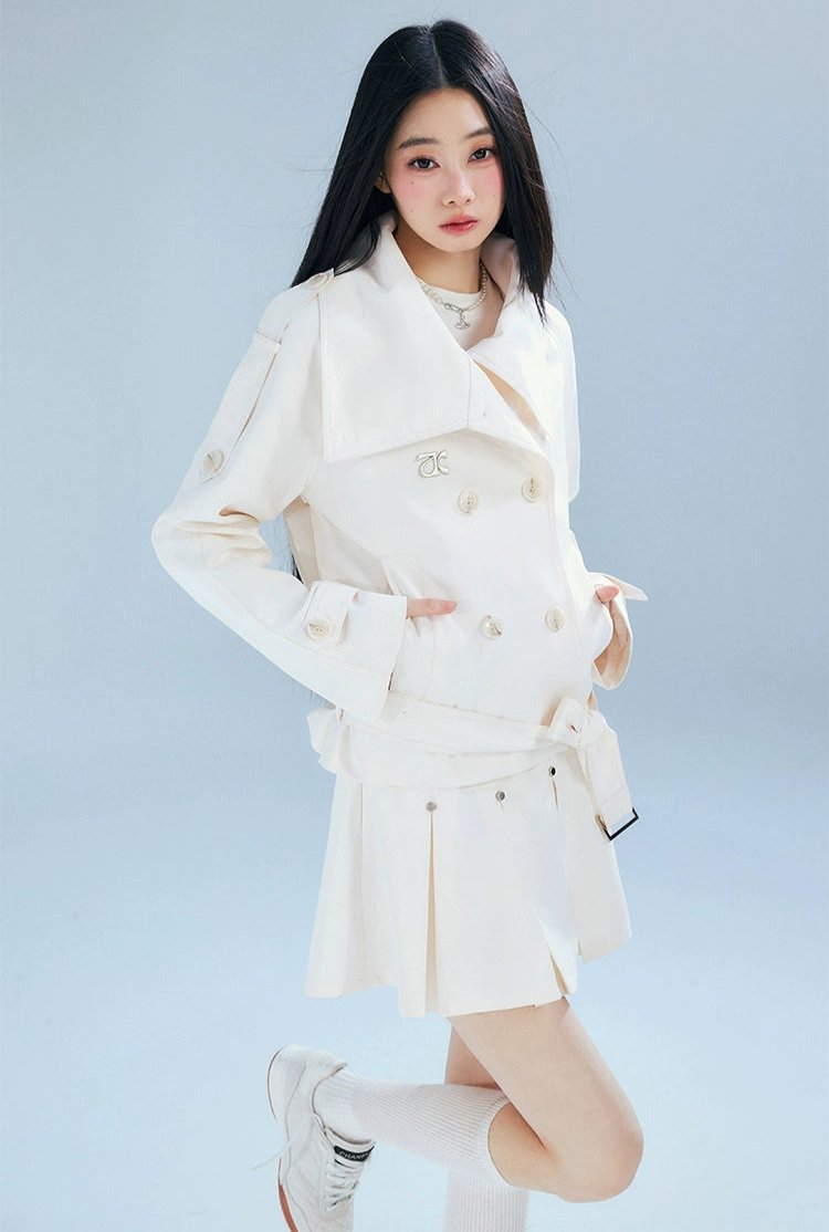 Double-Breasted Cropped Trench Coat with Belt Detail