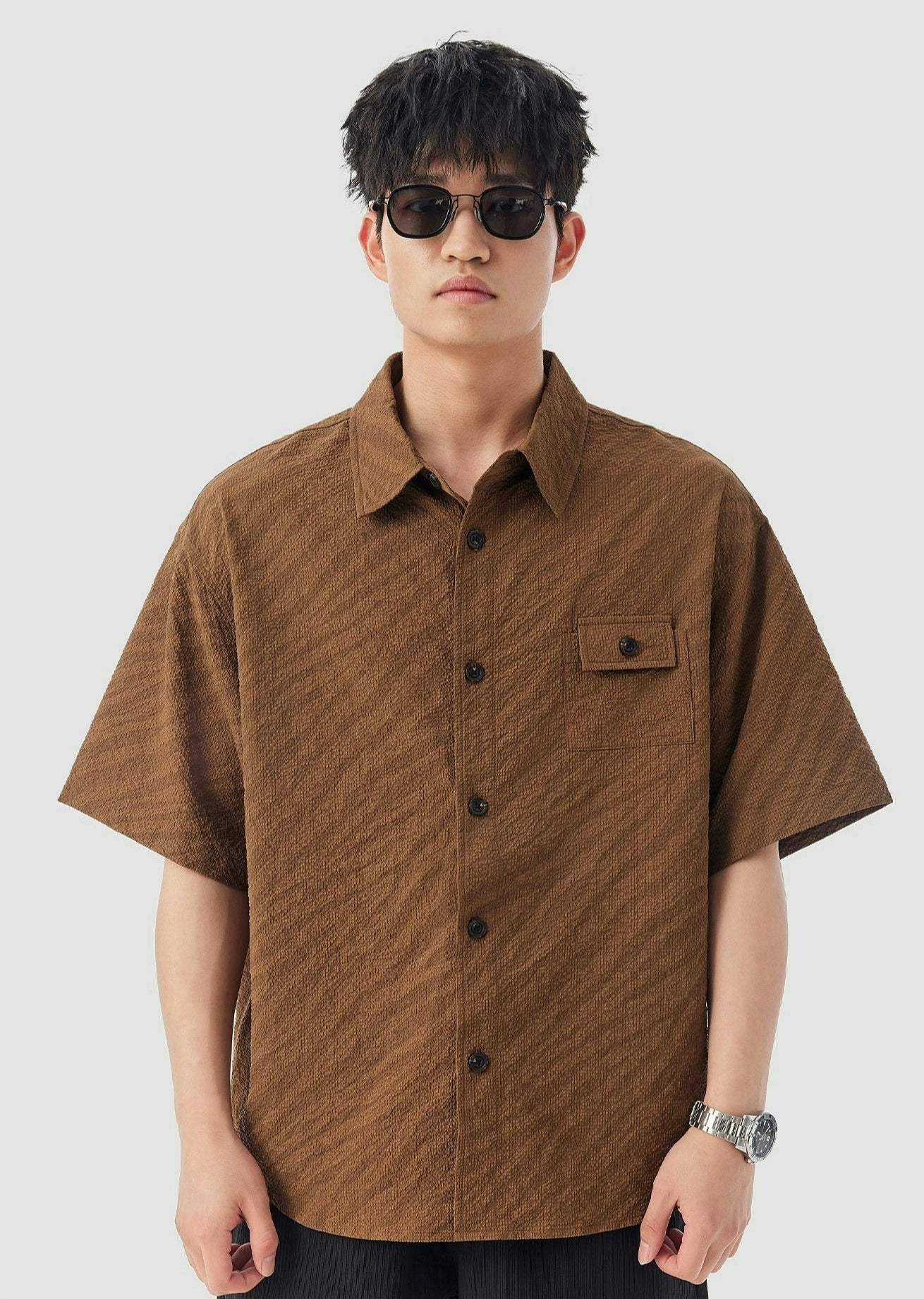 Boxy Textured Button-Up Shirt with Chest Pocket