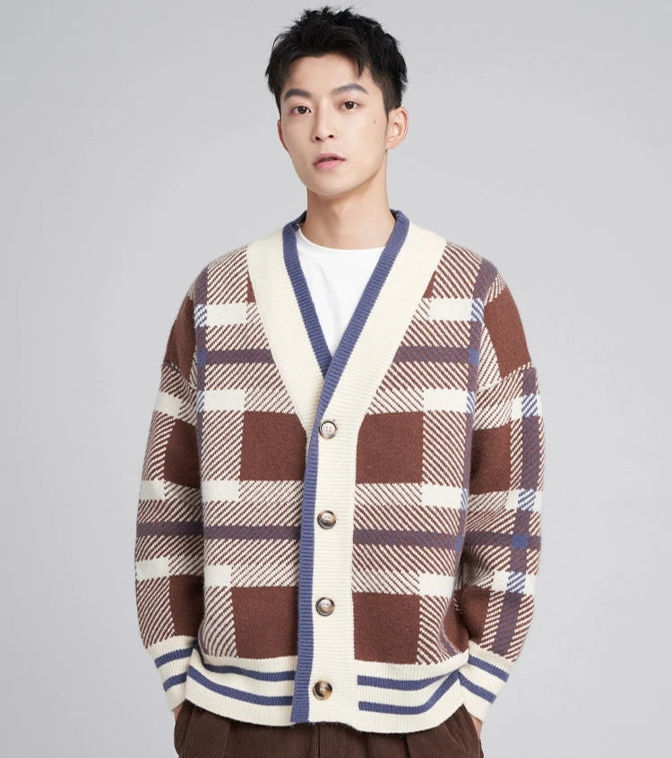 Checkered Drop Shoulder Button Cardigan