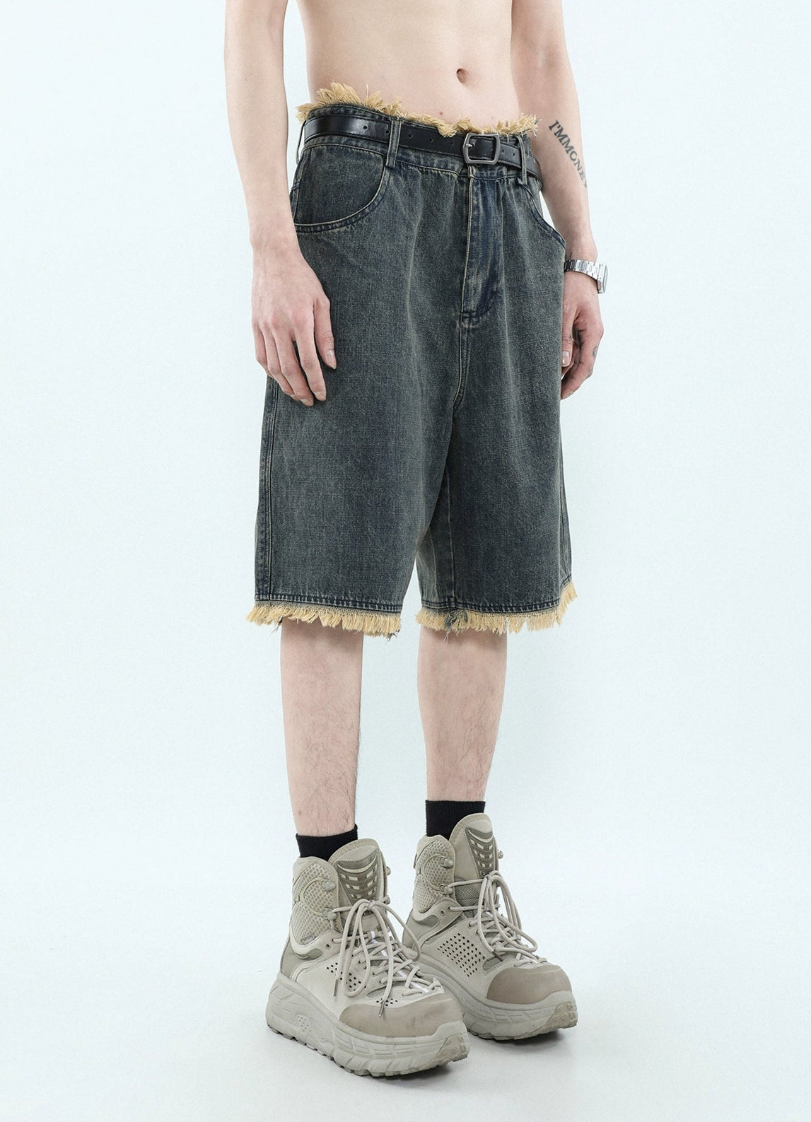 Distressed Hem Denim Bermuda Shorts