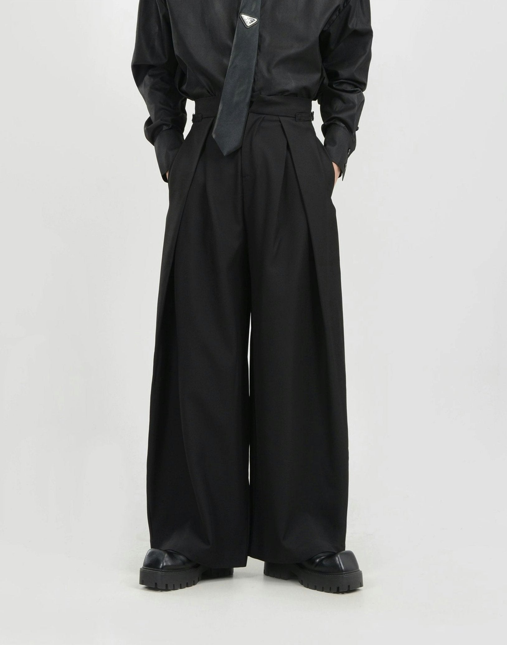 Wide Leg Pleated Palazzo Trousers with Belt Detail