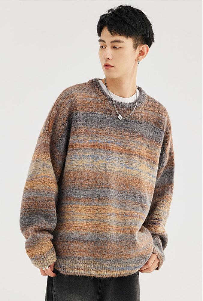 Striped Abstract-Effect Crew Neck Pullover Sweater