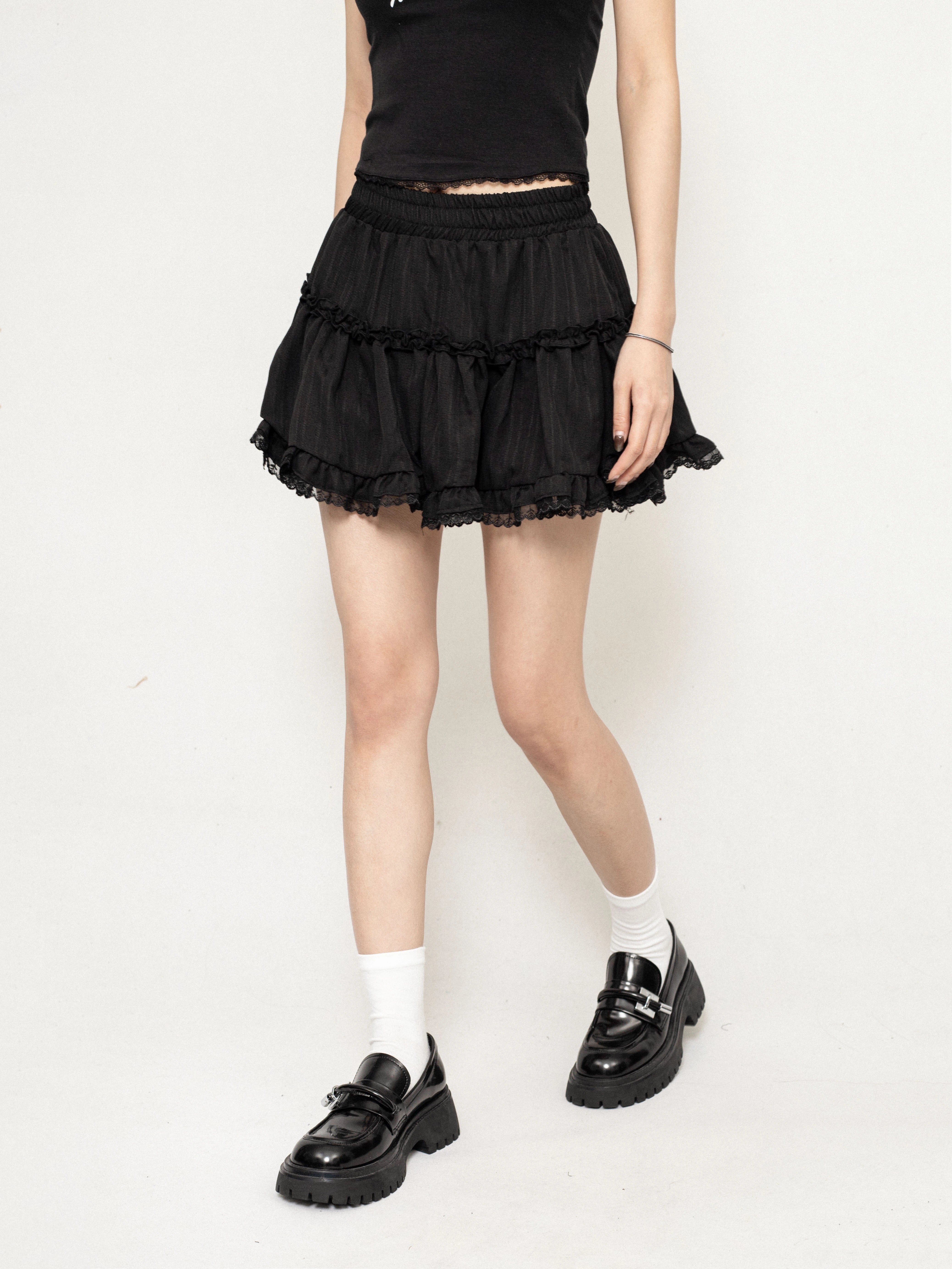 Layered Ruffle Mini Skirt with Lace Trim