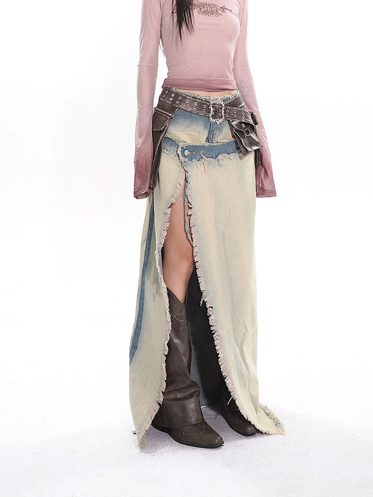 Distressed Trim Denim Patchwork Maxi High Slit Skirt