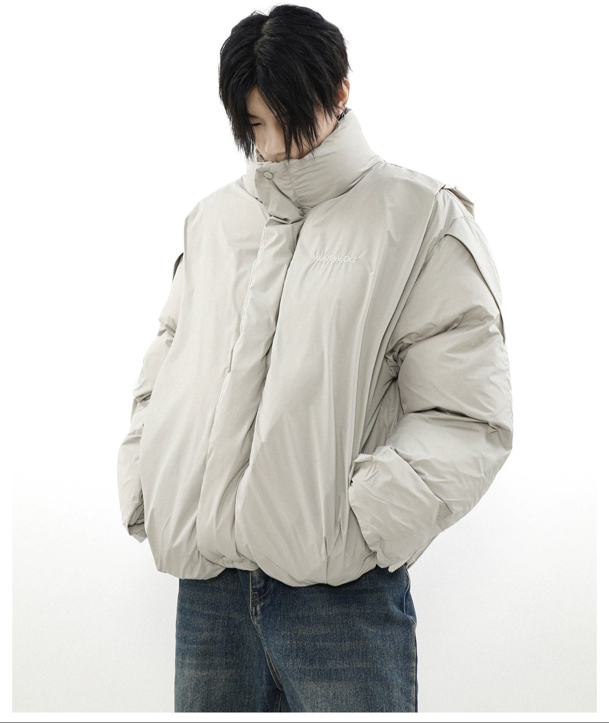 Oversized Puffer Mock-Layered Jacket with High Collar