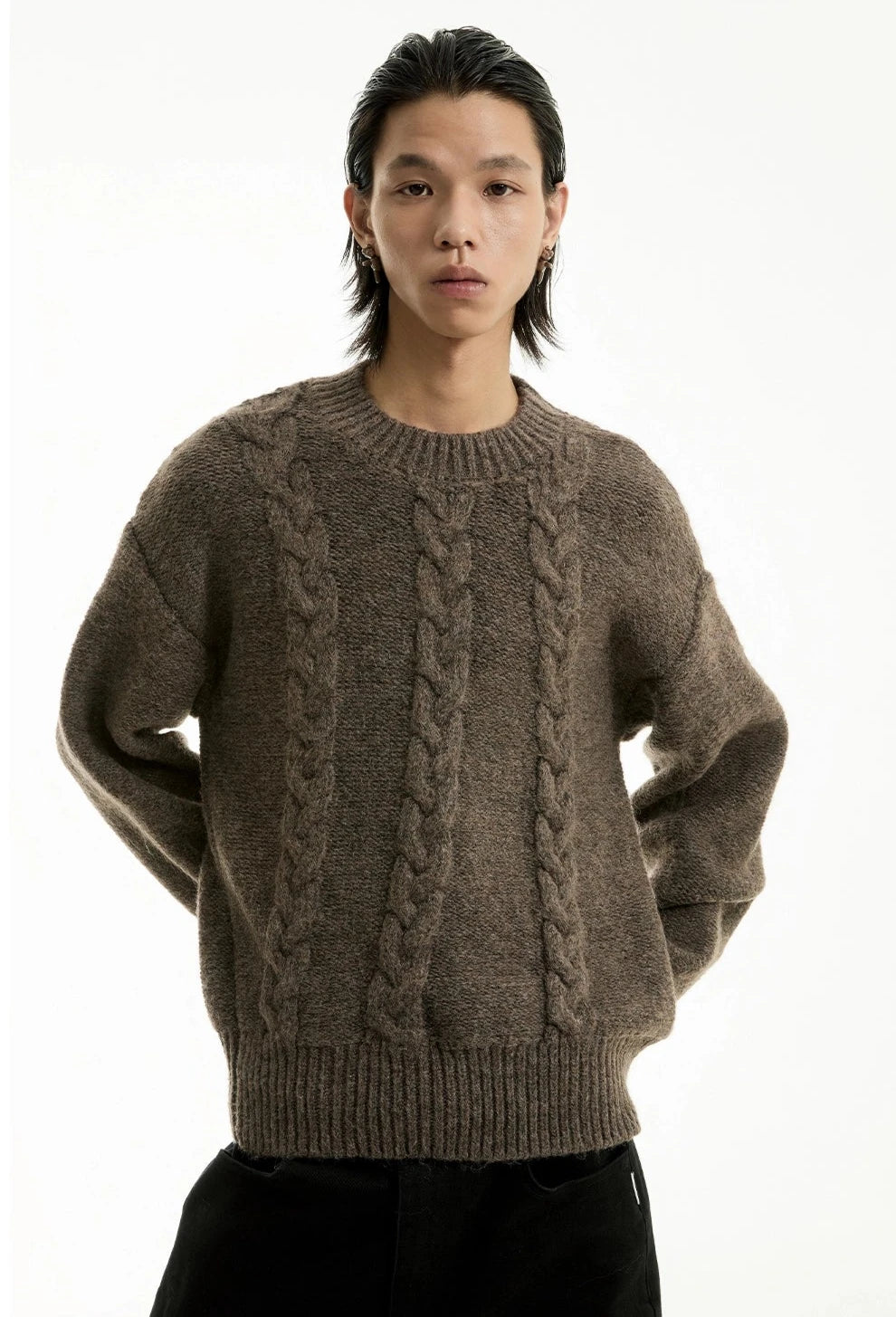 Cable Knit Crewneck Ribbed High-Hem Sweater