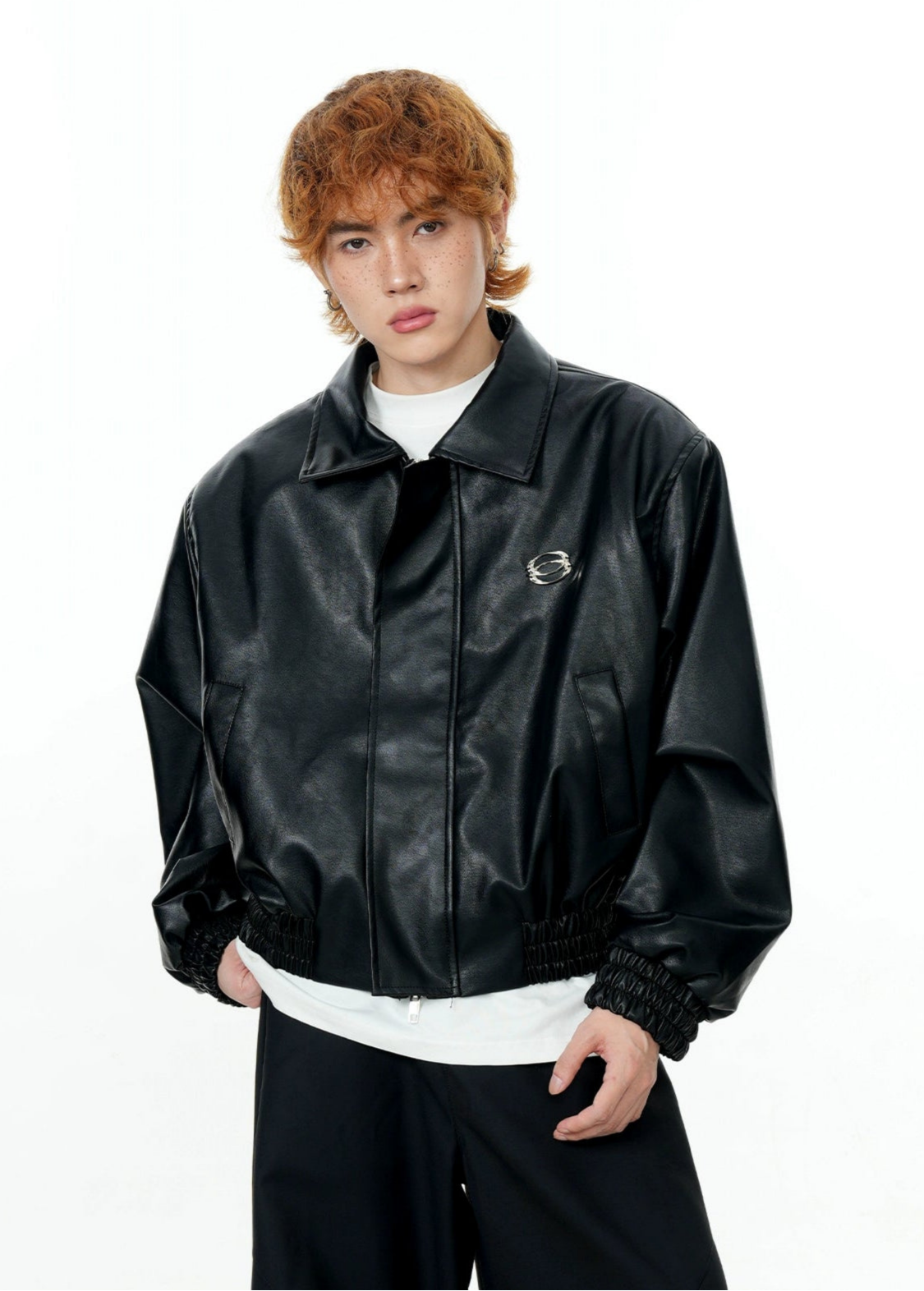 Faux Leather Mid Crop Jacket with Metallic Logo