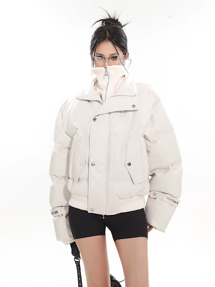 Faux Leather Puffer Jacket with Zipped Knit Turtleneck