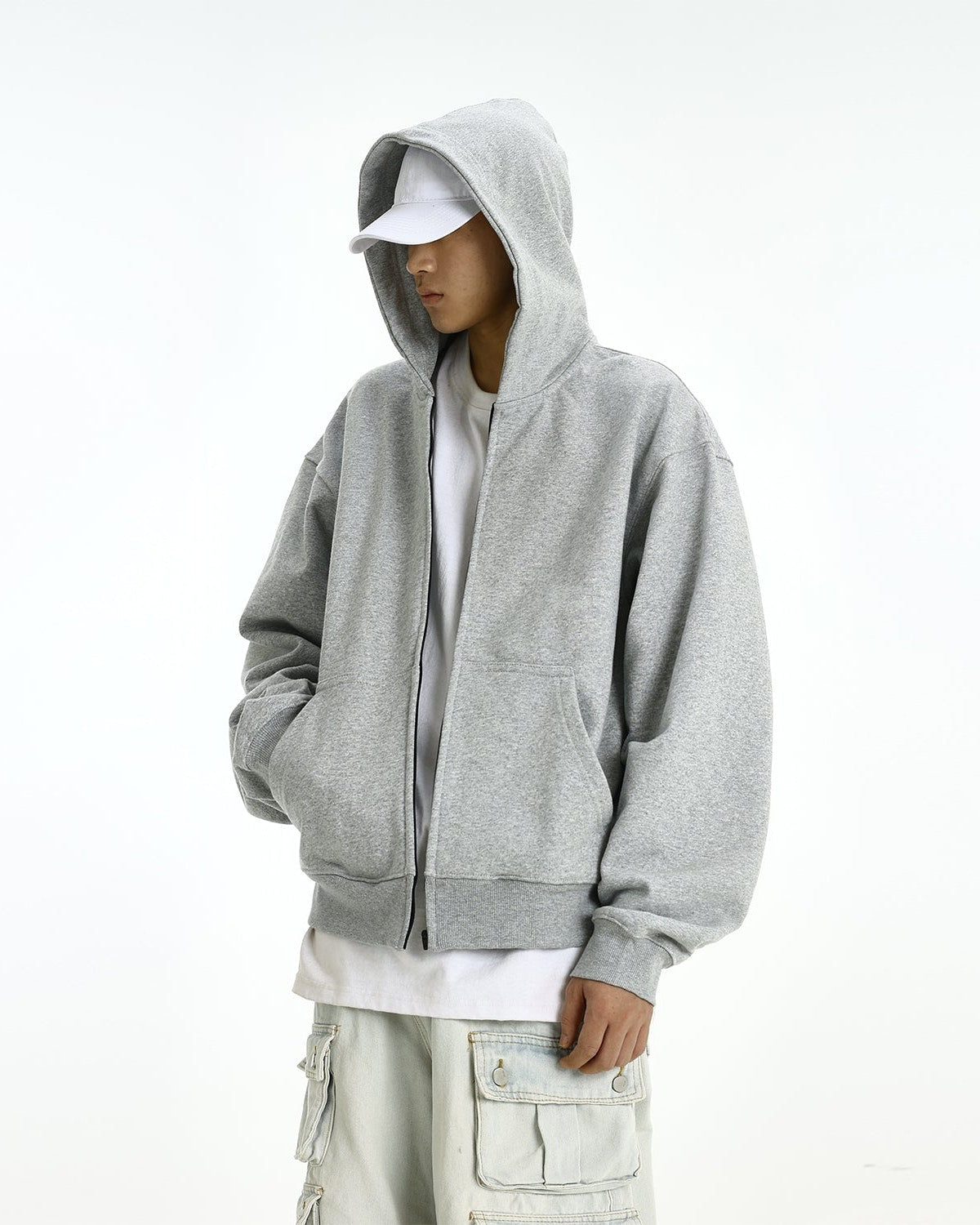 Oversized Mid-Crop Zip-Up Lightweight Hoodie with Pockets