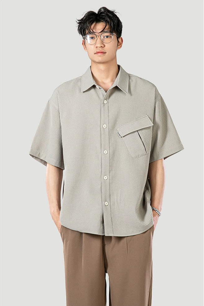 Waffle Knit Button-Up Short Sleeve Pocketed Shirt