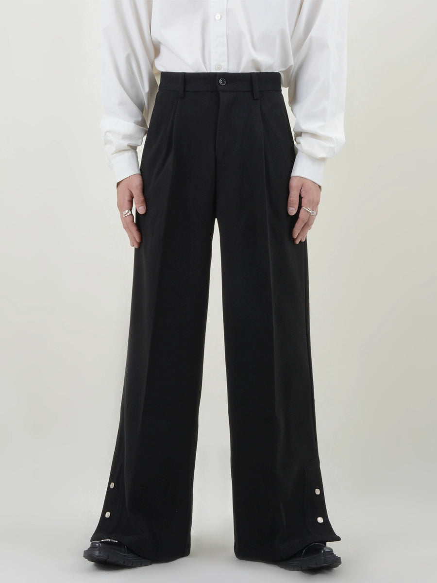 Pleated Button Hem Wide-Leg Trousers