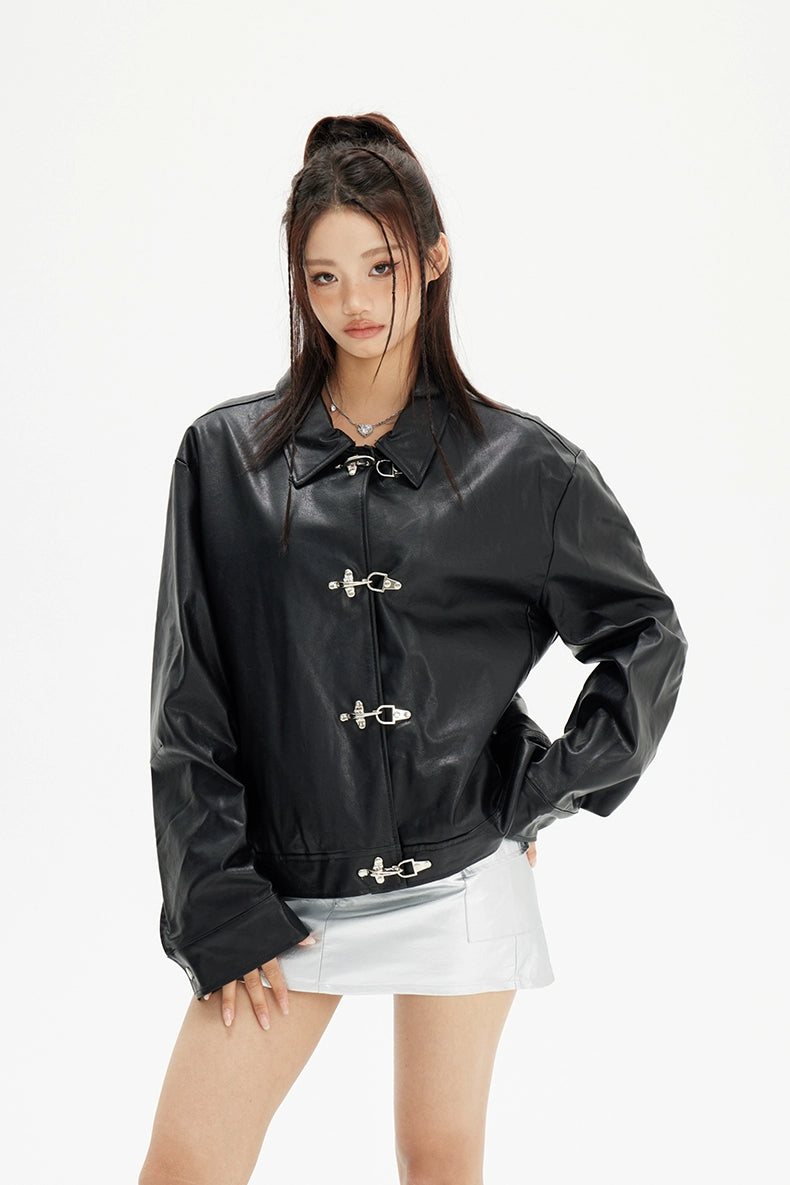 Faux Leather Fireman Buckle Oversized Jacket