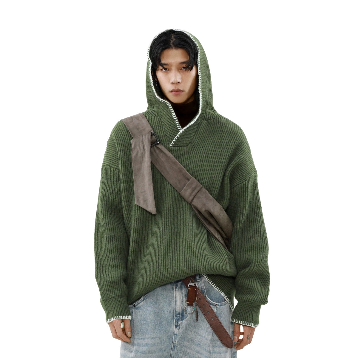 Drop Shoulder Contrast Trim Ribbed Hoodie