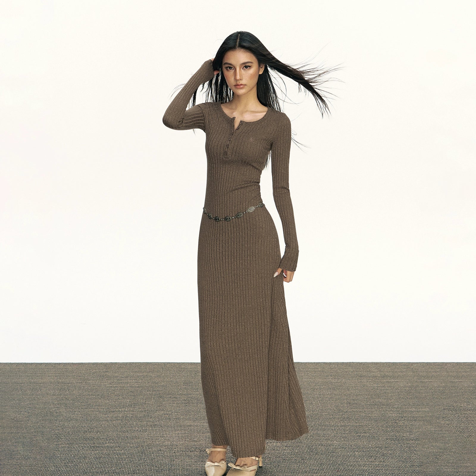 Half Button Long Sleeve Ribbed Maxi Dress