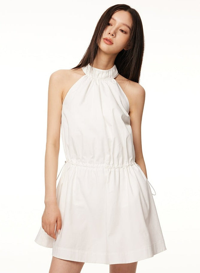 Sleeveless Halter Ruched Neck Gathered Waist Tent Dress