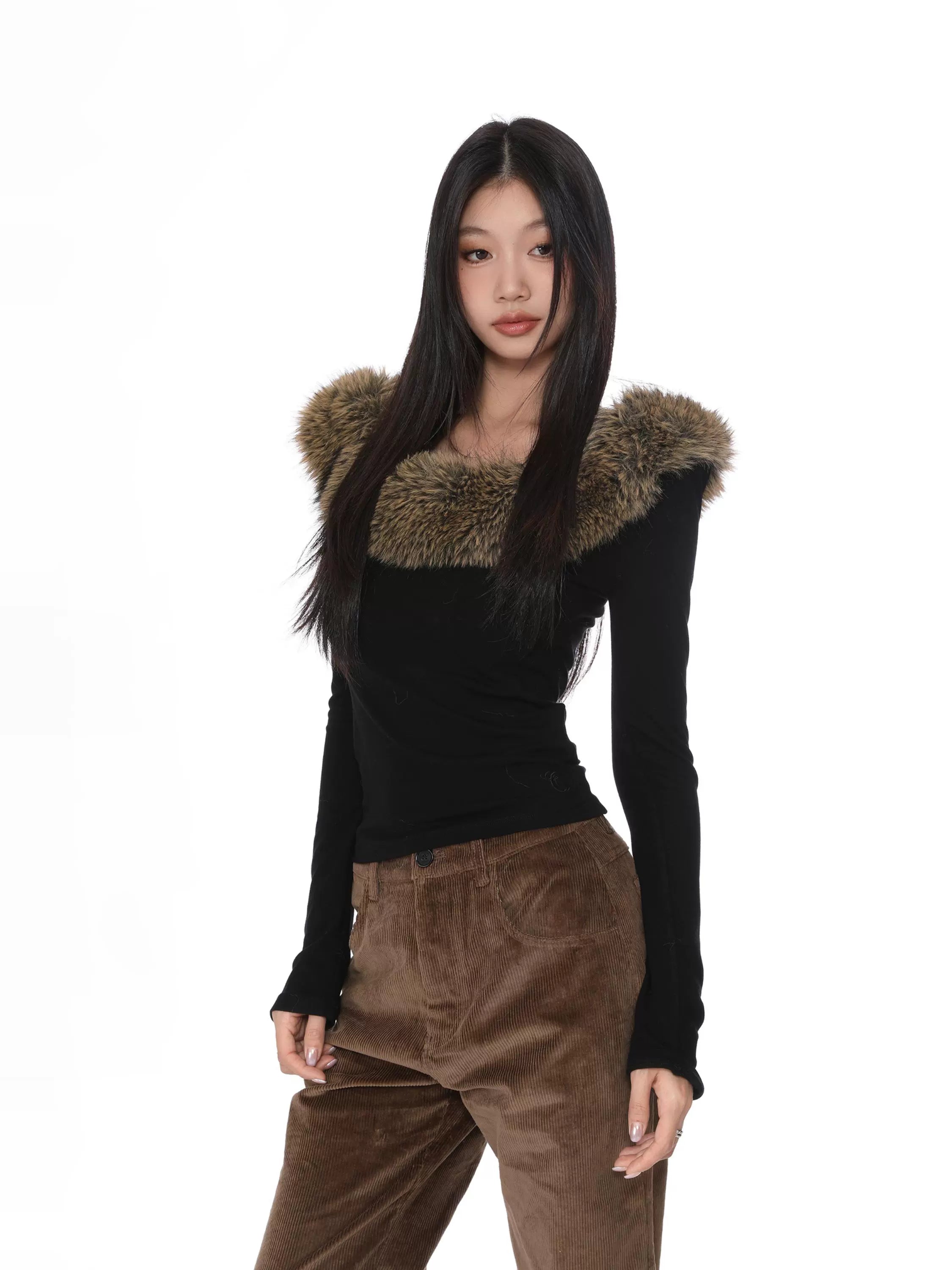 One Shoulder Faux Fur Collar Long Sleeve Top