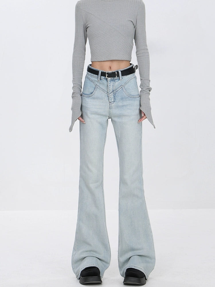 Skinny Flared Denim Jeans with Waist Stitch Detail