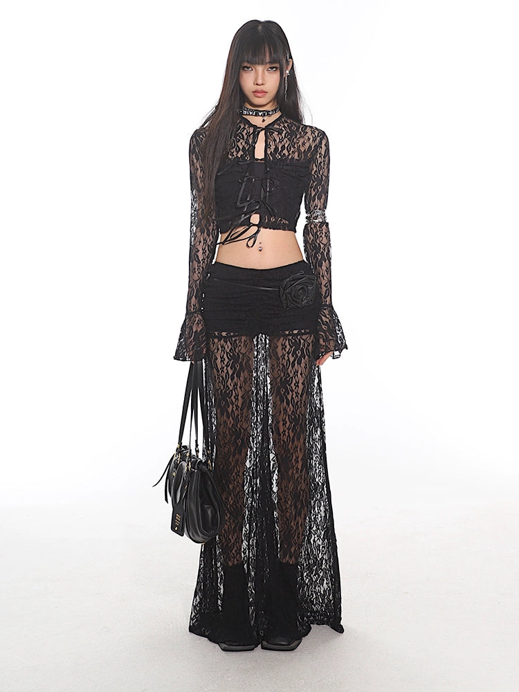 Sheer Lace Crop Top and Flare Pants Set