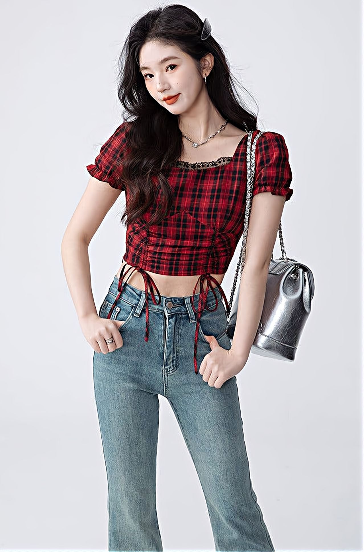 Plaid Ruched Puff Sleeve Crop Top