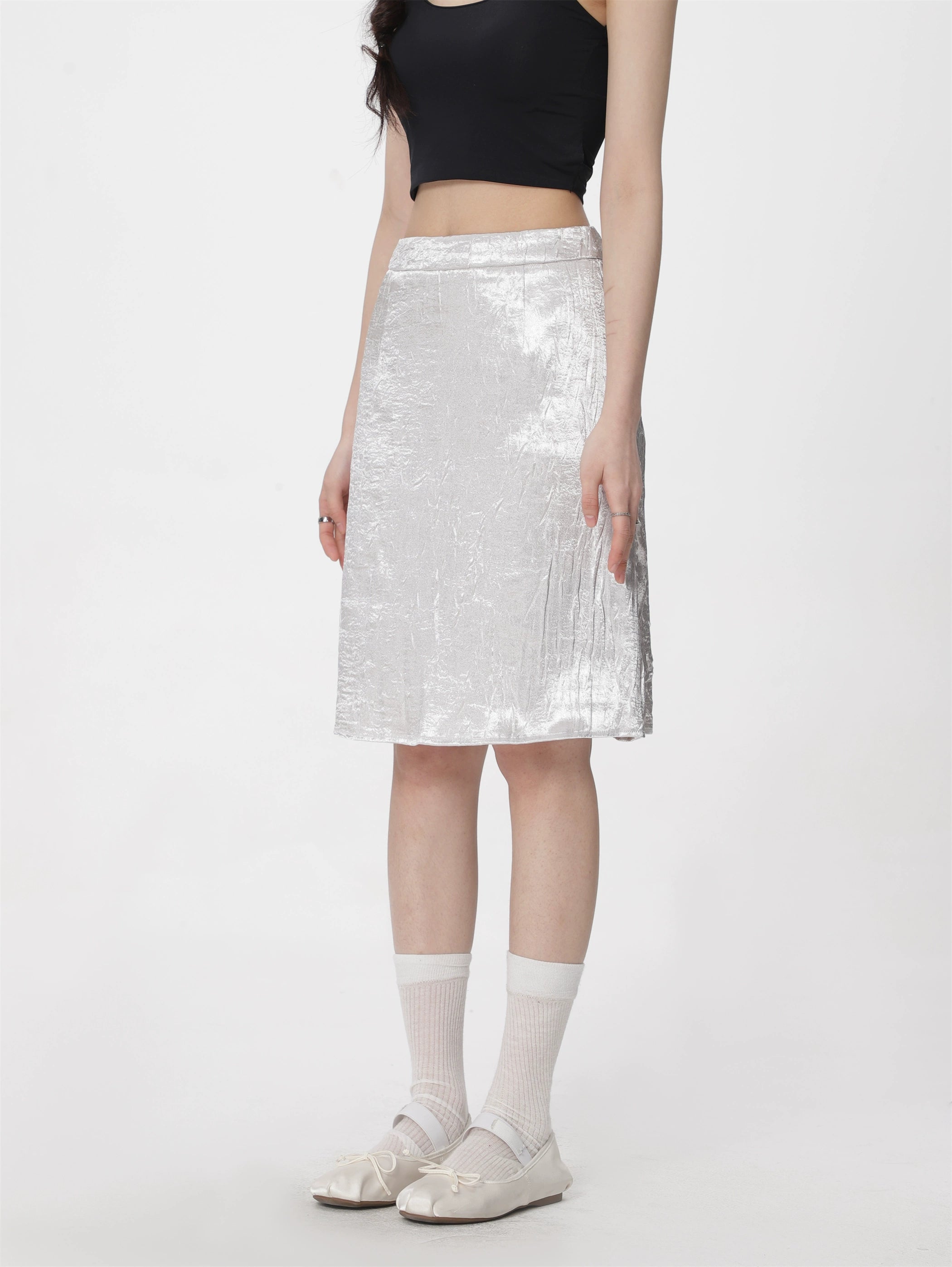 Metallic Crinkle-Texture Midi Skirt