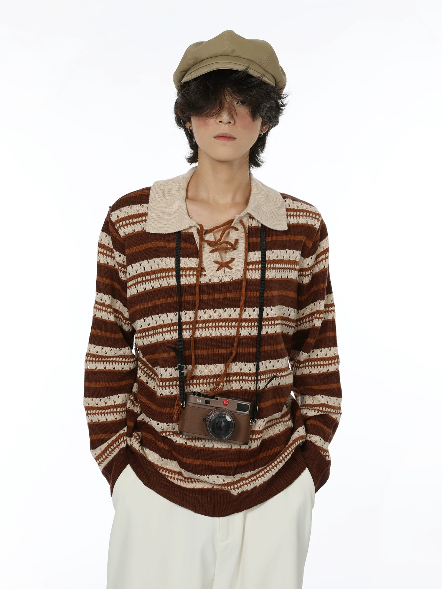 Striped Collar Open Knit Pullover with Drawstring V-Neck