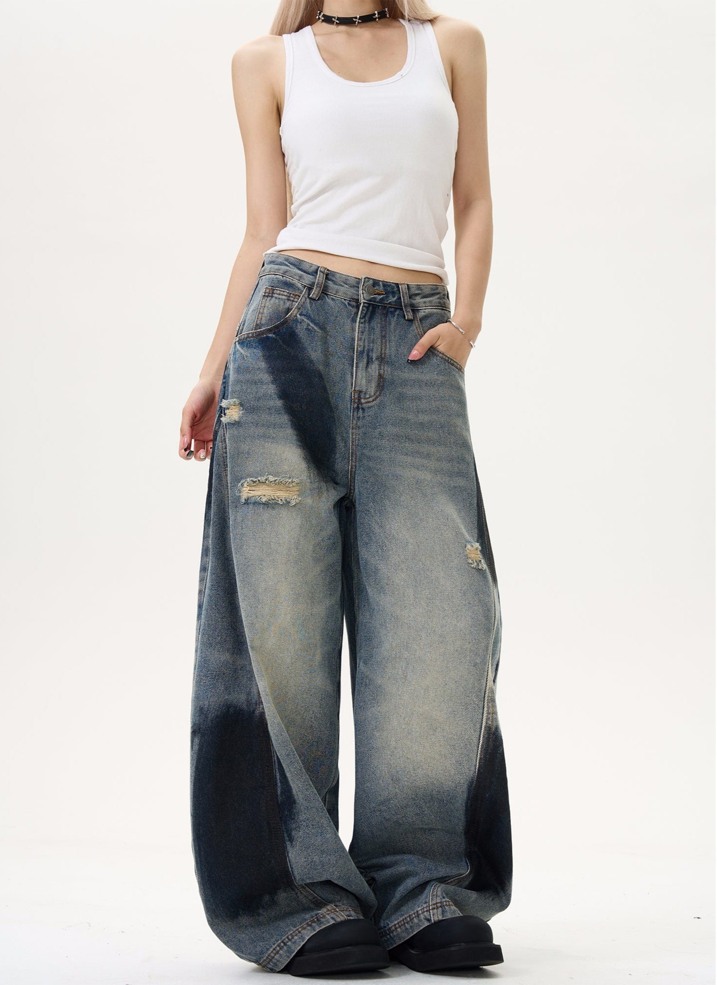 Wide Leg Distressed Denim Pants with Bleach Wash Details