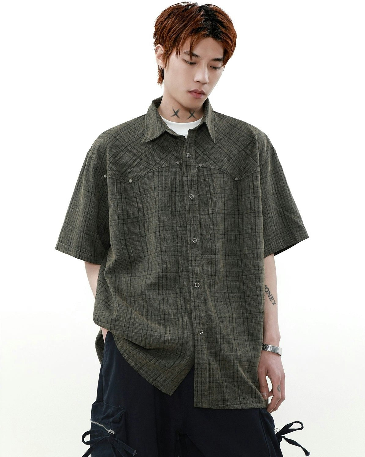 Oversized Plaid Button-Up Short Sleeve Shirt