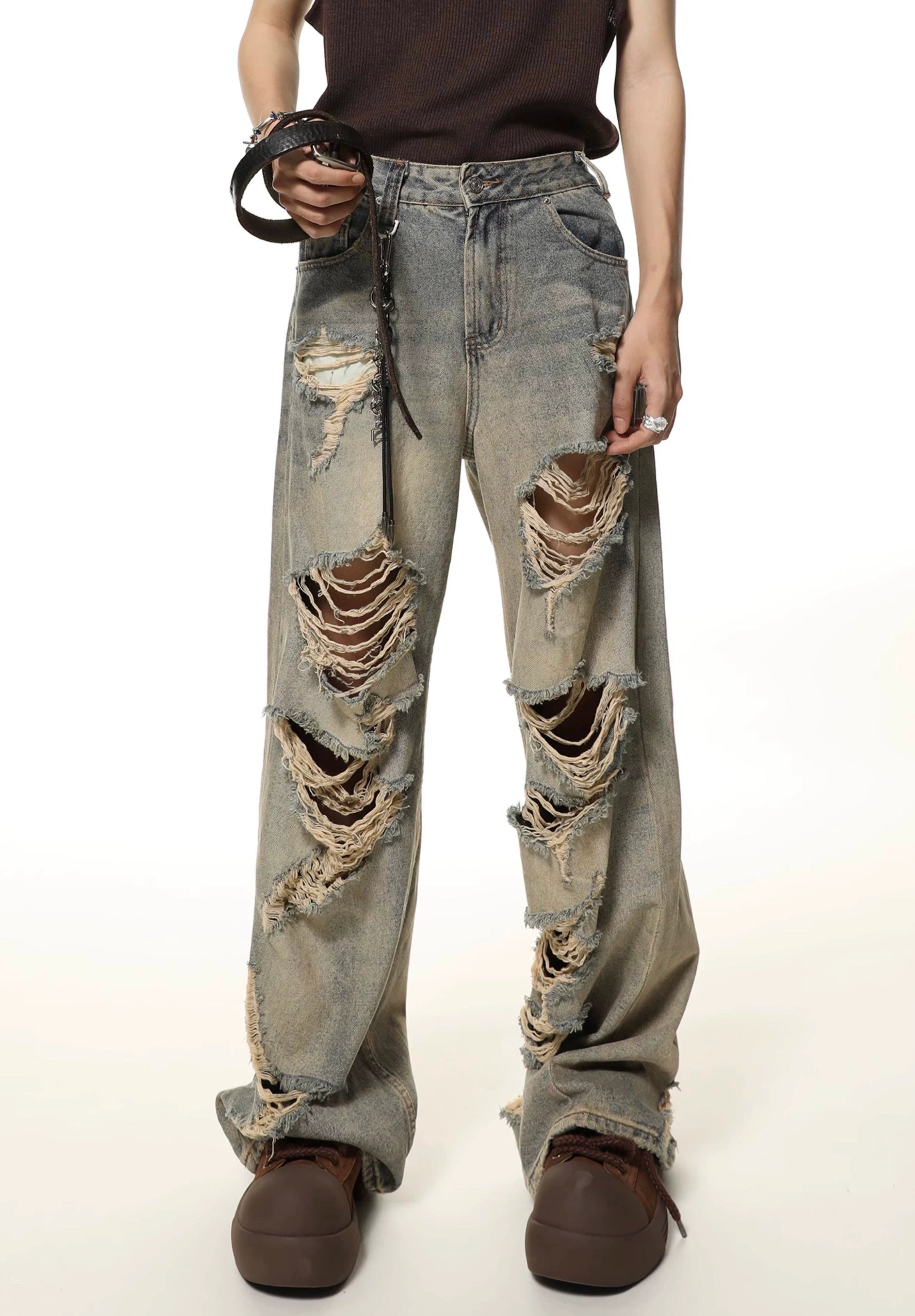 Extra-Distressed Vintage Wash Wide-Leg Jeans