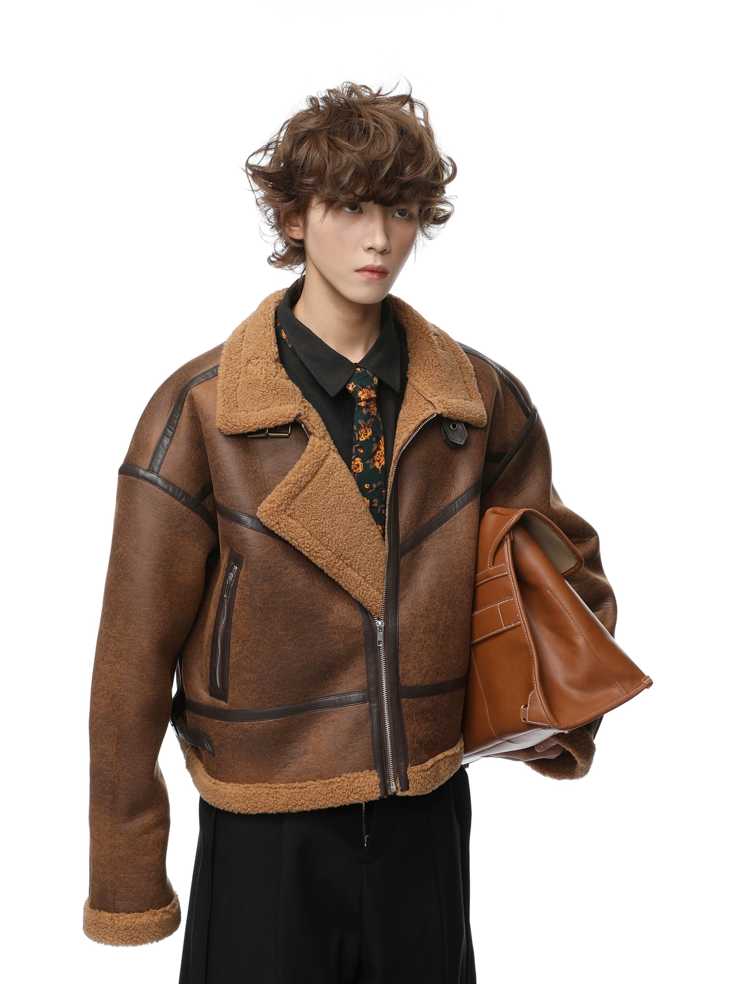 Mid-Crop Shearling Lined Faux Leather Aviator Jacket