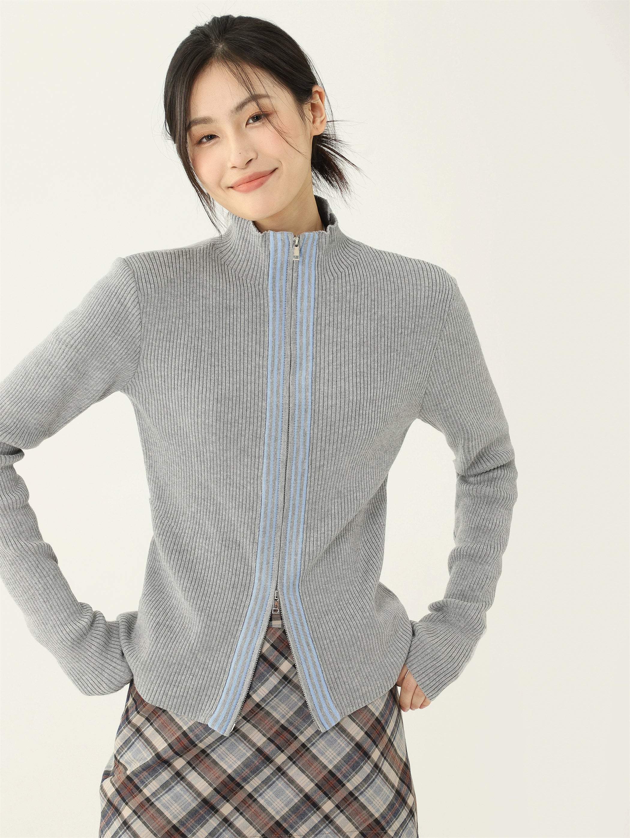 Stripe Trim Mock Neck Zip Cardigan